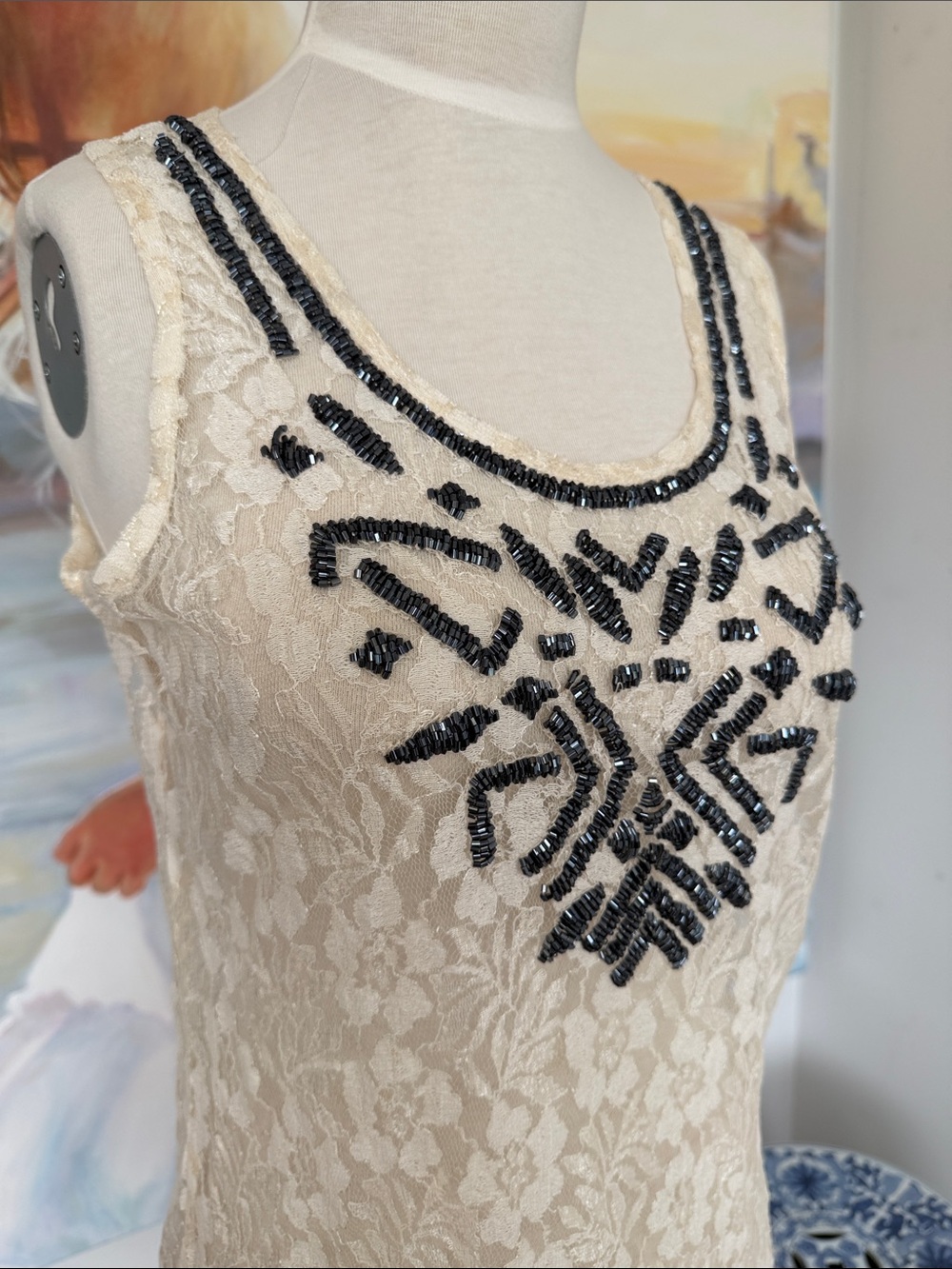 Romeo & Juliet Couture Embellished Lace Tank Top in Cream with Navy Beading